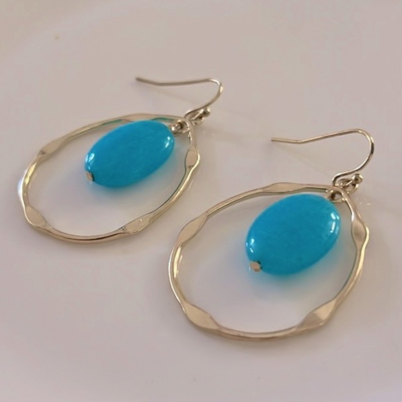 Blue Stone Gold Hoop Dangle Earrings - Picture 3 of 4